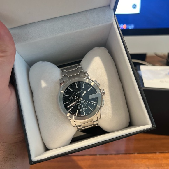 GUCCI-G 44MM CHRONO Stainless Steel Black Dial Men’s Watch Authentic - Picture 7 of 7